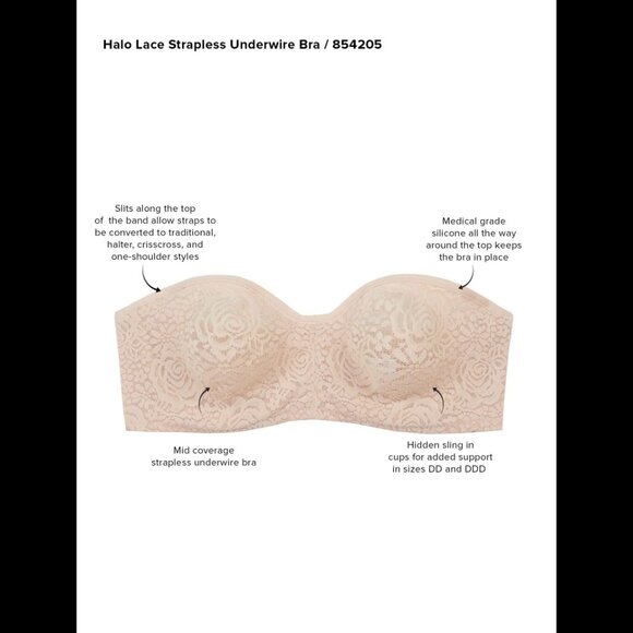 Wacoal Halo Lace Strapless Underwire Bra Nude Sand Size 36DD - Picture 4 of 11